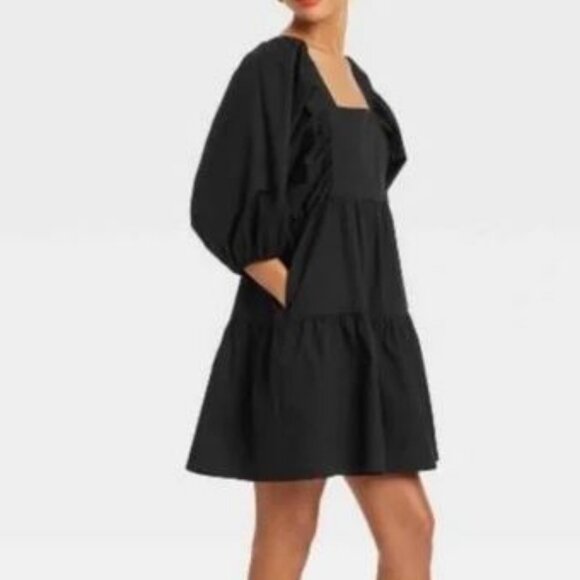 A New Day Black Mini Dress with Puff Sleeves and Square Neck Size Small NWT - Picture 2 of 10